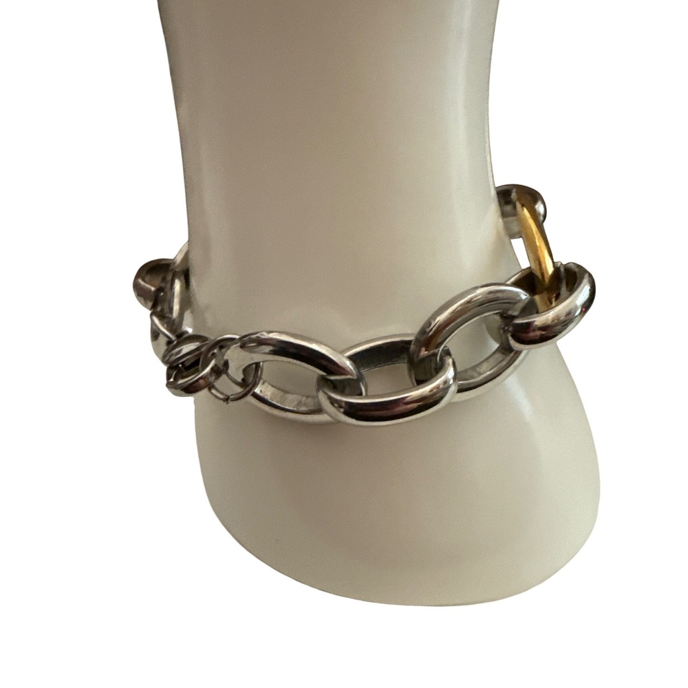 Mixed Metal‎ Link Bracelet Silver Gold Tone Oval Chain Modern Minimalist 7.5" - Picture 9 of 10
